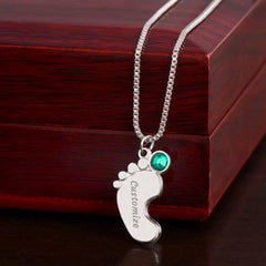 Baby Feet Necklace with Birthstone - Engraved