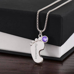 Baby Feet Necklace with Birthstone - Engraved