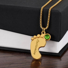 Baby Feet Necklace with Birthstone - Engraved