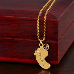 Baby Feet Necklace with Birthstone - Engraved