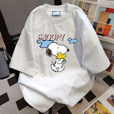 Disney Summer 100% Cotton Short Sleeved Loose Top Snoopy Print Simple Casual Slimming Concise Women Clothing Harajuku Tops