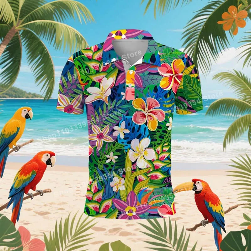 Hawaiian Beach Coconut Trees Polo Shirt For Men Summer 3D Print Leaves Short Sleeve Golf Polo Shirts Street T Shirt Tops